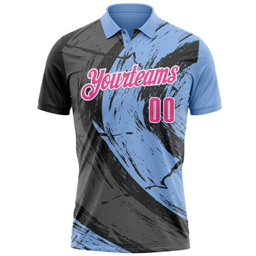 Custom Light Blue Pink-Steel Gray 3D Bowling Splash Ink Performance Polo Shirt