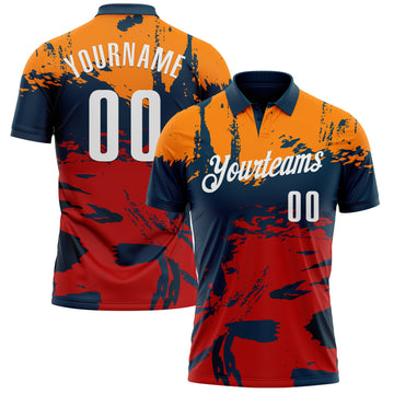 Custom Navy Bay Orange-Red 3D Bowling Splash Ink Performance Polo Shirt