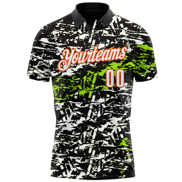 Custom Black Neon Green-Orange 3D Bowling Abstract Grunge Art Performance Polo Shirt