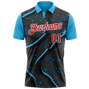 Custom Black Red-Sky Blue 3D Bowling Dot Performance Polo Shirt