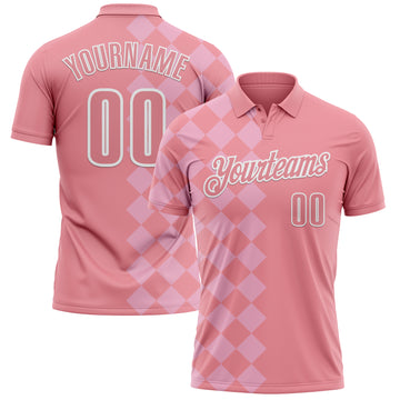 Custom Medium Pink Light Pink-White 3D Bowling Geometric Square Shape Performance Polo Shirt