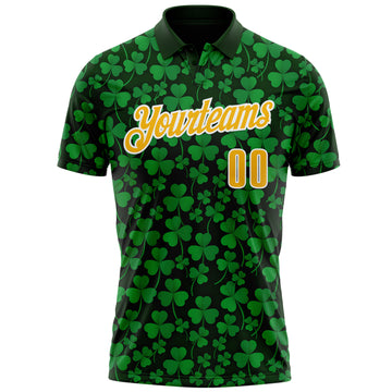 Custom Green Gold-White 3D St. Patrick's Day Shamrock Performance Polo Shirt