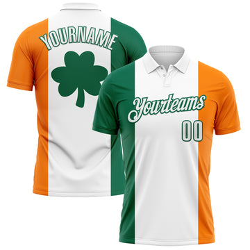 Custom White Kelly Green-Bay Orange 3D St. Patrick's Day Shamrock Performance Polo Shirt