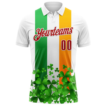 Custom White Red Green-Bay Orange 3D St. Patrick's Day Shamrock Performance Polo Shirt