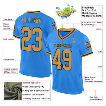 Custom Powder Blue Old Gold-Black Mesh Authentic Throwback Football Jersey