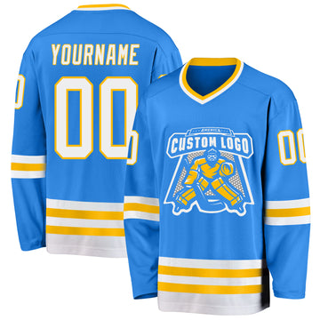 Custom Powder Blue White-Gold Hockey Jersey