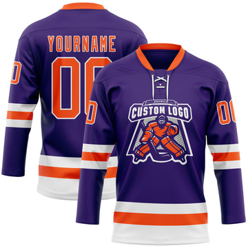 Custom Purple Orange-White Hockey Lace Neck Jersey