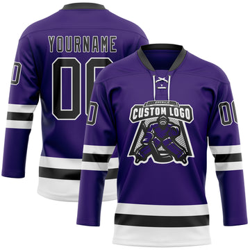 Custom Purple Black-White Hockey Lace Neck Jersey