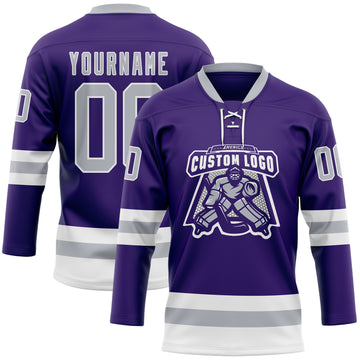 Custom Purple Gray-White Hockey Lace Neck Jersey