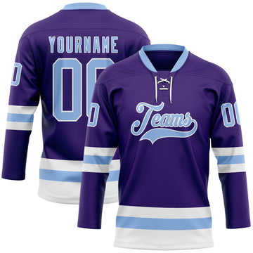 Custom Purple Light Blue-White Hockey Lace Neck Jersey