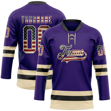 Custom Purple Vintage USA Flag Cream-Black Hockey Lace Neck Jersey