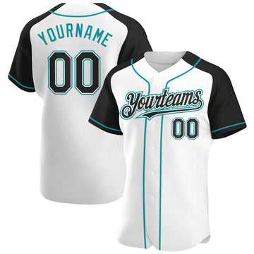 Custom White Black-Teal Authentic Raglan Sleeves Baseball Jersey