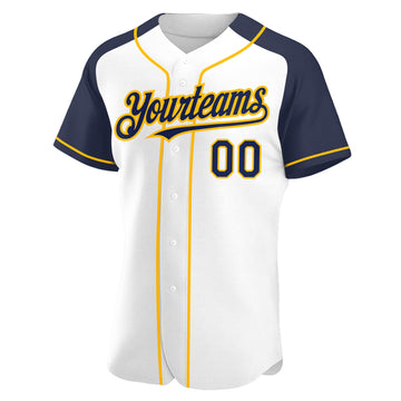 Custom White Navy-Gold Authentic Raglan Sleeves Baseball Jersey