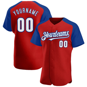 Custom Red White-Royal Authentic Raglan Sleeves Baseball Jersey