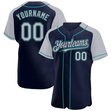 Custom Navy Gray-Teal Authentic Raglan Sleeves Baseball Jersey