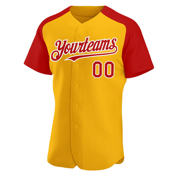 Custom Gold Red-White Authentic Raglan Sleeves Baseball Jersey