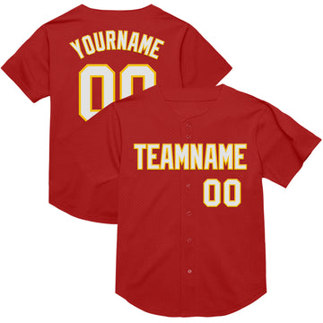 Custom Red White-Yellow Mesh Authentic Throwback Baseball Jersey