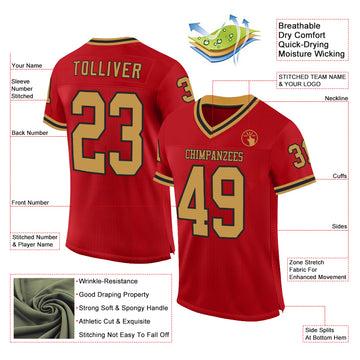 Custom Red Old Gold-Black Mesh Authentic Throwback Football Jersey