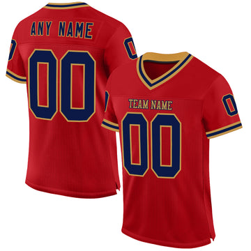 Custom Red Navy-Old Gold Mesh Authentic Throwback Football Jersey