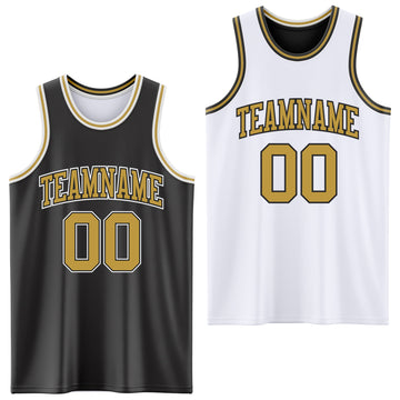 Custom Reversible Black Old Gold-White Double Side Authentic Basketball Jersey