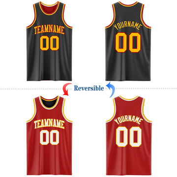 Custom Reversible Black Gold-Red Double Side Authentic Basketball Jersey