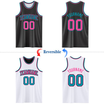 Custom Reversible Black Pink-Teal Double Side Authentic Basketball Jersey