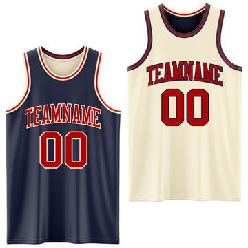 Custom Reversible Navy Red-Cream Double Side Basketball Jersey