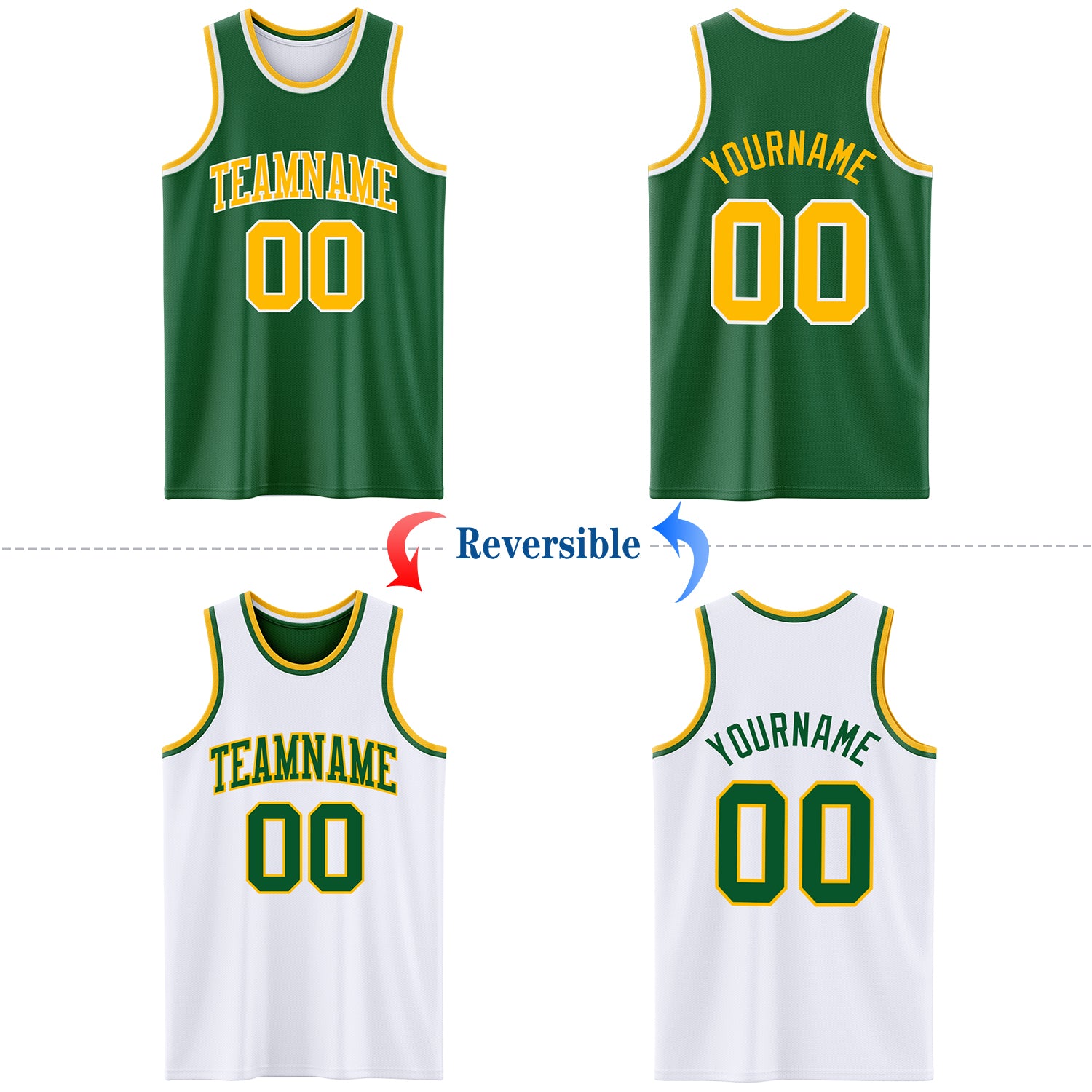 Custom Reversible Kelly Green Gold-White Double Side Basketball Jersey ...