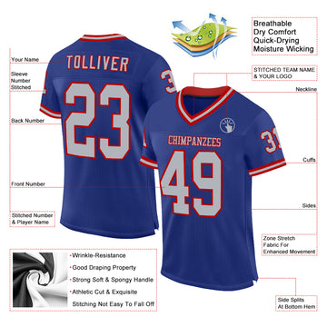 Custom Royal Gray-Red Mesh Authentic Throwback Football Jersey