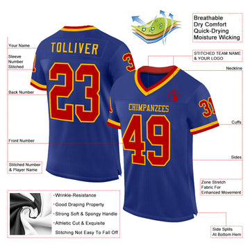 Custom Royal Red-Gold Mesh Authentic Throwback Football Jersey