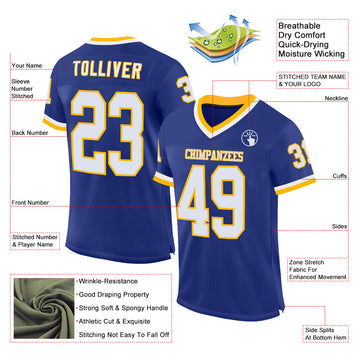 Custom Royal White-Gold Mesh Authentic Throwback Football Jersey