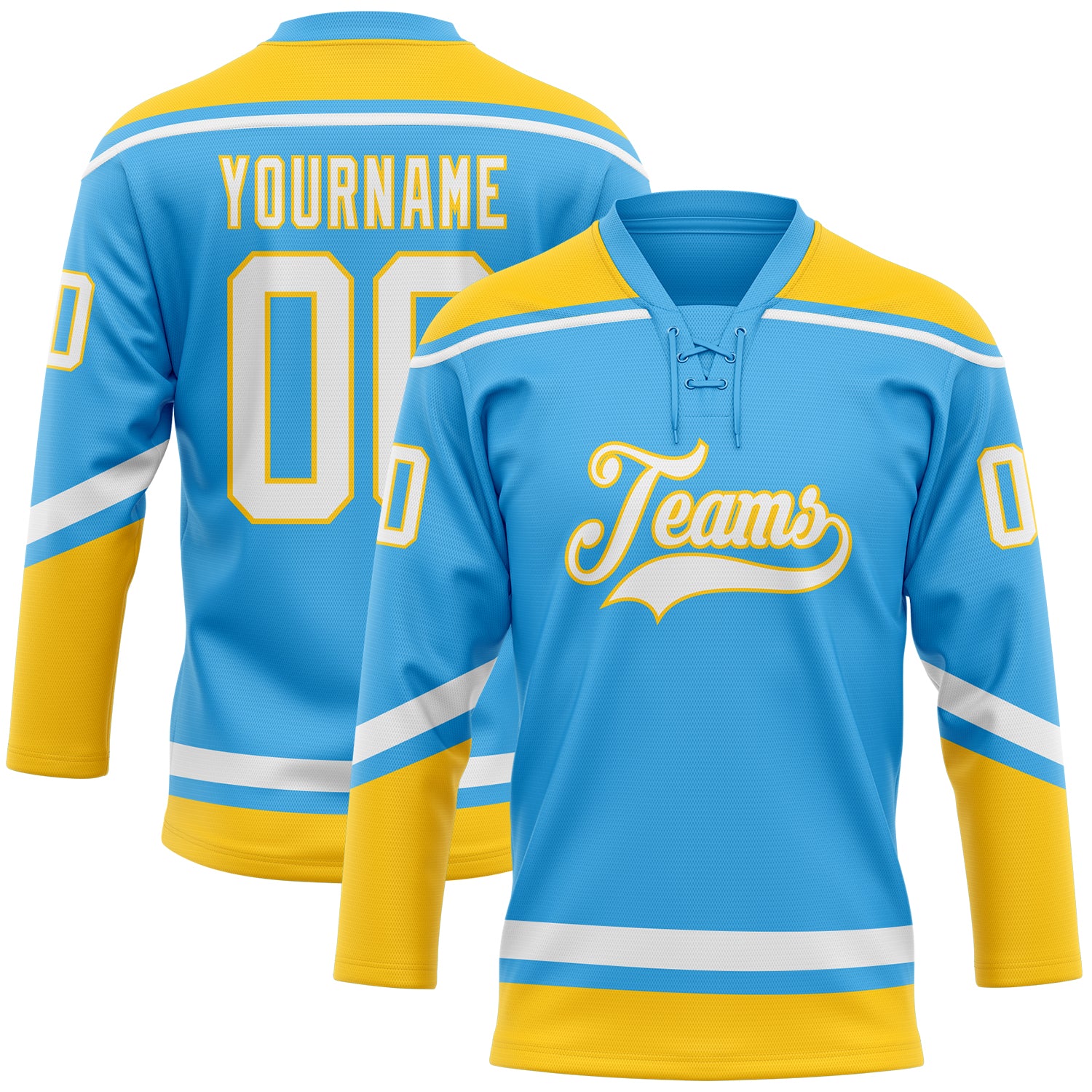 Custom Sky Blue White-Yellow Hockey Lace Neck Jersey Discount