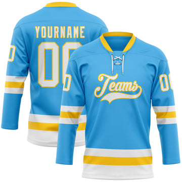 Custom Sky Blue White-Yellow Hockey Lace Neck Jersey