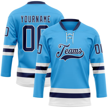 Custom Sky Blue Navy-White Hockey Lace Neck Jersey