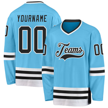 Custom Sky Blue Black-White Hockey Jersey