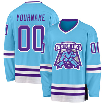 Custom Sky Blue Purple-White Hockey Jersey