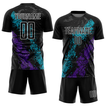 Custom Black Teal-Purple Dripping Splatter Art Sublimation Soccer Uniform Jersey