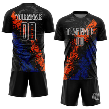 Custom Black Orange-Royal Dripping Splatter Art Sublimation Soccer Uniform Jersey