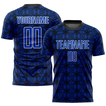 Custom Thunder Blue Black-White Geometric Shapes Sublimation Soccer Uniform Jersey