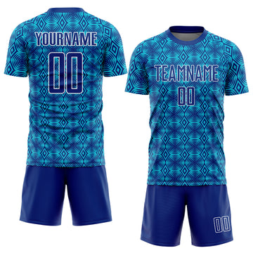 Custom Royal Lakes Blue-White Geometric Shapes Sublimation Soccer Uniform Jersey