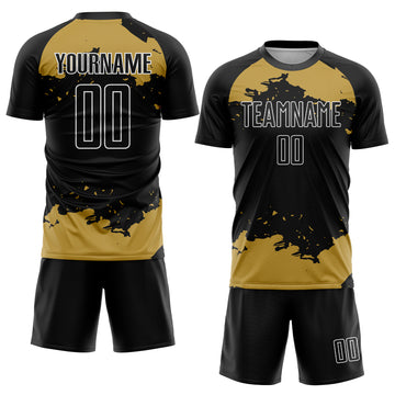 Custom Black Old Gold-White Abstract Fragment Art Sublimation Soccer Uniform Jersey