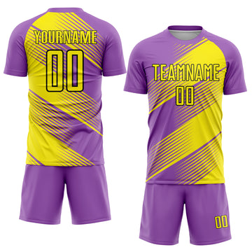 Custom Medium Purple Light Yellow-Black Line Sublimation Soccer Uniform Jersey