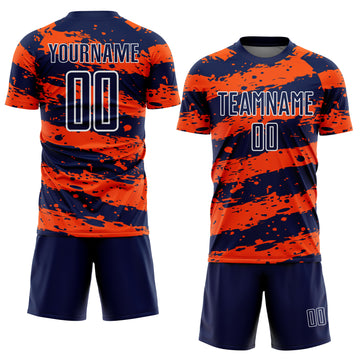 Custom Navy Orange-White Splash Sublimation Soccer Uniform Jersey