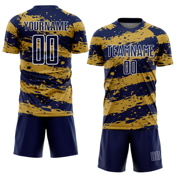 Custom Navy Old Gold-White Splash Sublimation Soccer Uniform Jersey