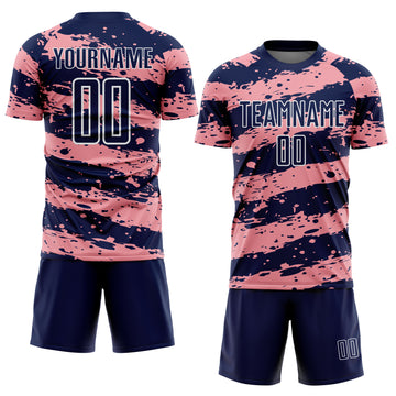 Custom Navy Medium Pink-White Splash Sublimation Soccer Uniform Jersey