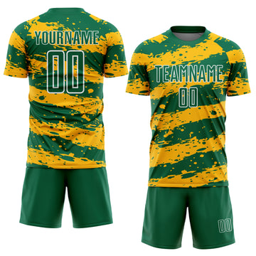 Custom Kelly Green Gold-White Splash Sublimation Soccer Uniform Jersey