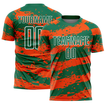 Custom Kelly Green Orange-White Splash Sublimation Soccer Uniform Jersey