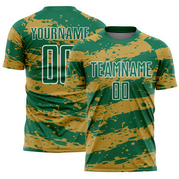 Custom Kelly Green Old Gold-White Splash Sublimation Soccer Uniform Jersey