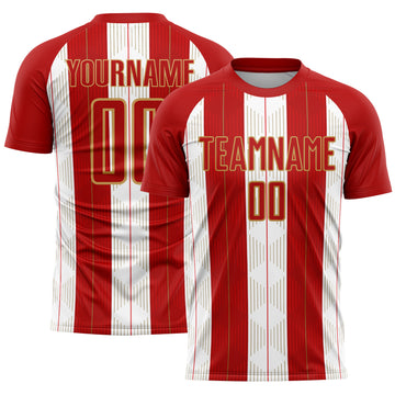 Custom Red Old Gold-White Line Sublimation Soccer Uniform Jersey