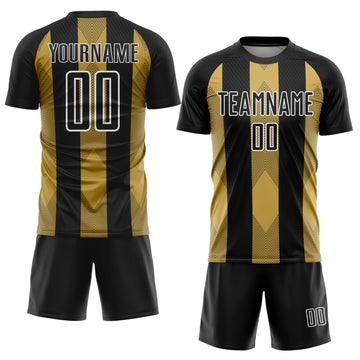 Custom Black Old Gold-White Line Sublimation Soccer Uniform Jersey